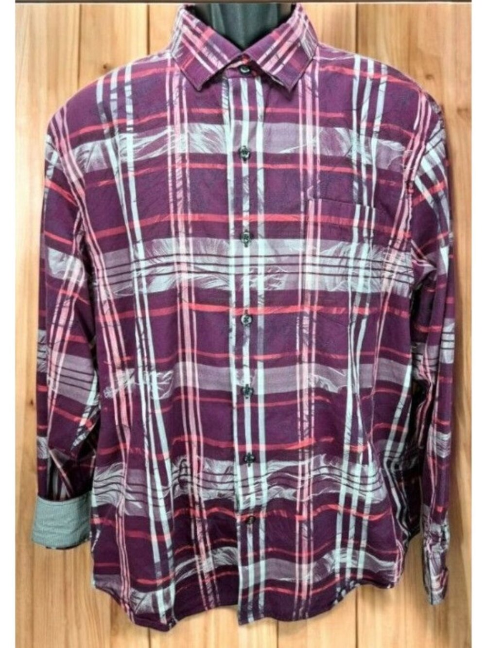 Tommy Bahama Mens Plaid Button-Up Shirt Large Red Purple Cotton Silk Blend